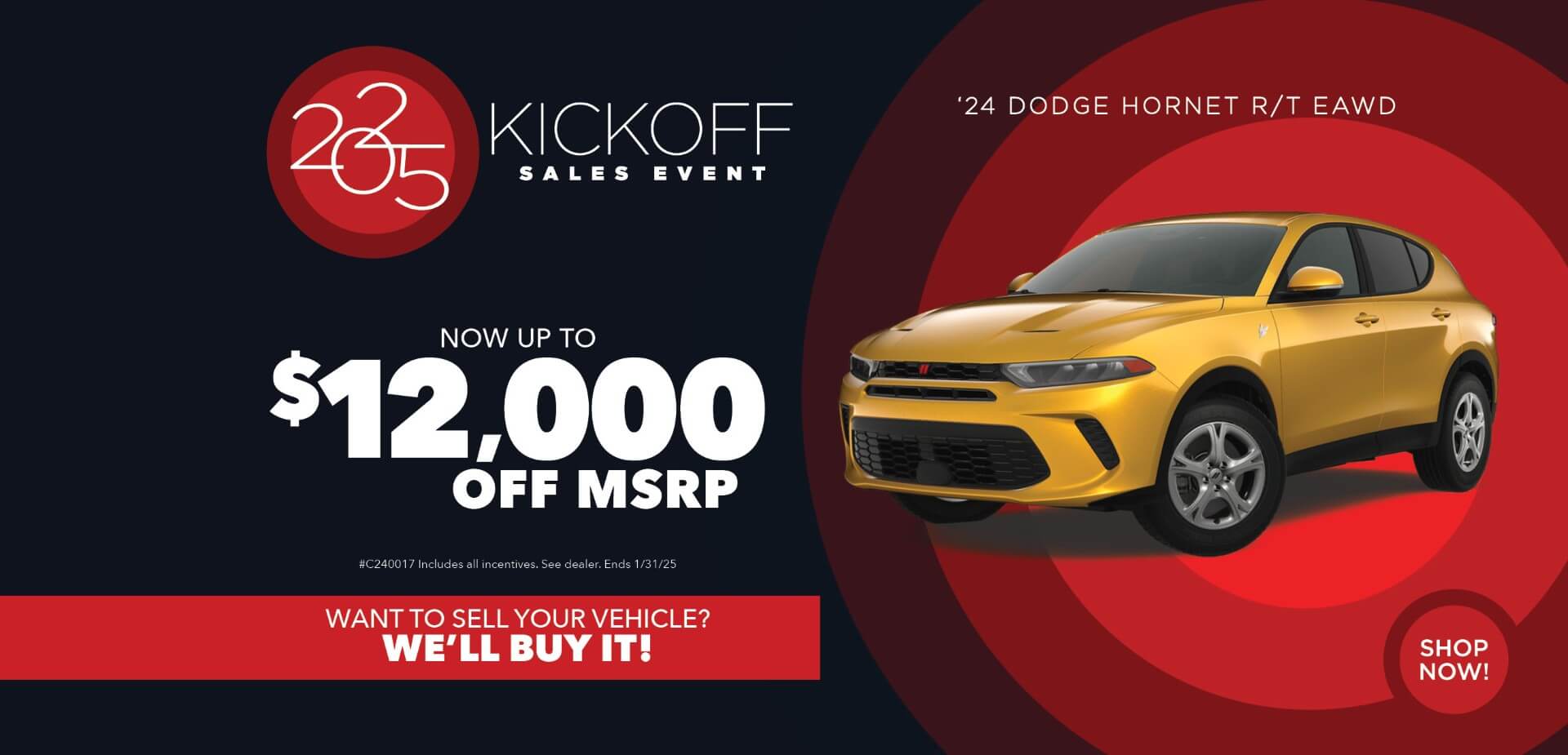 Yellow SUV with advertising slogans: Sales Event - Now up to $12,000 off MSRP on 2024 Dodge Hornet.