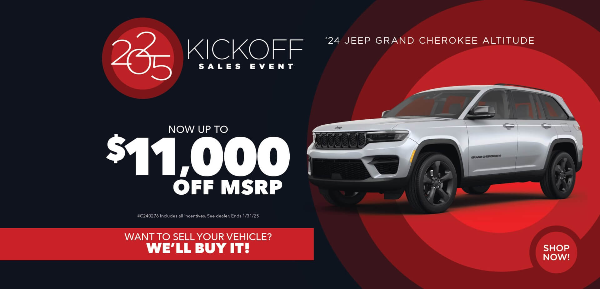 Silver SUV with advertising slogans: Sales Event - Now up to $11,000 off MSRP on 2024 Jeep Grand Cherokee Altitude.