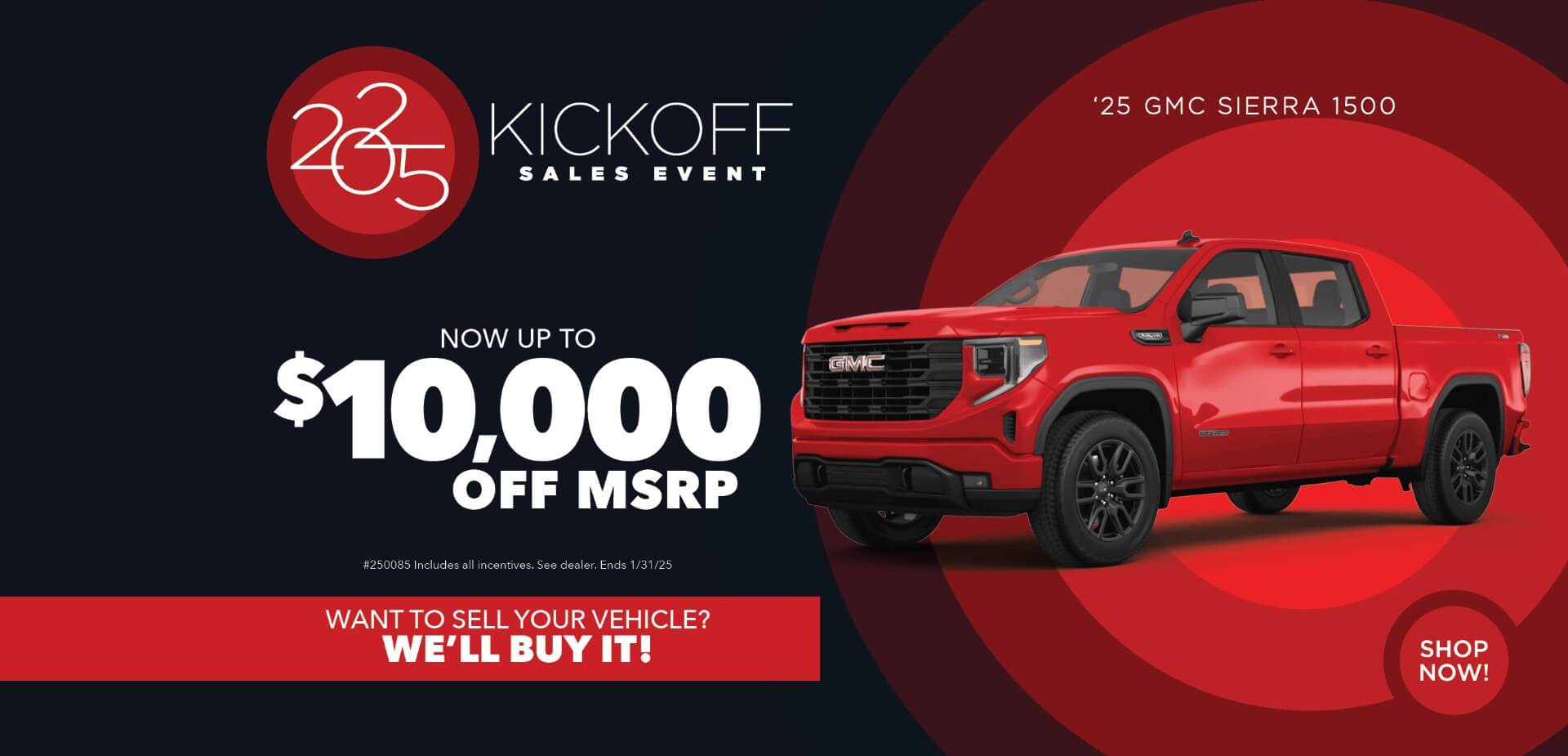 Red truck with advertising slogans: Sales Event - Now up to $10,000 off MSRP on 2024 GMC Sierra.