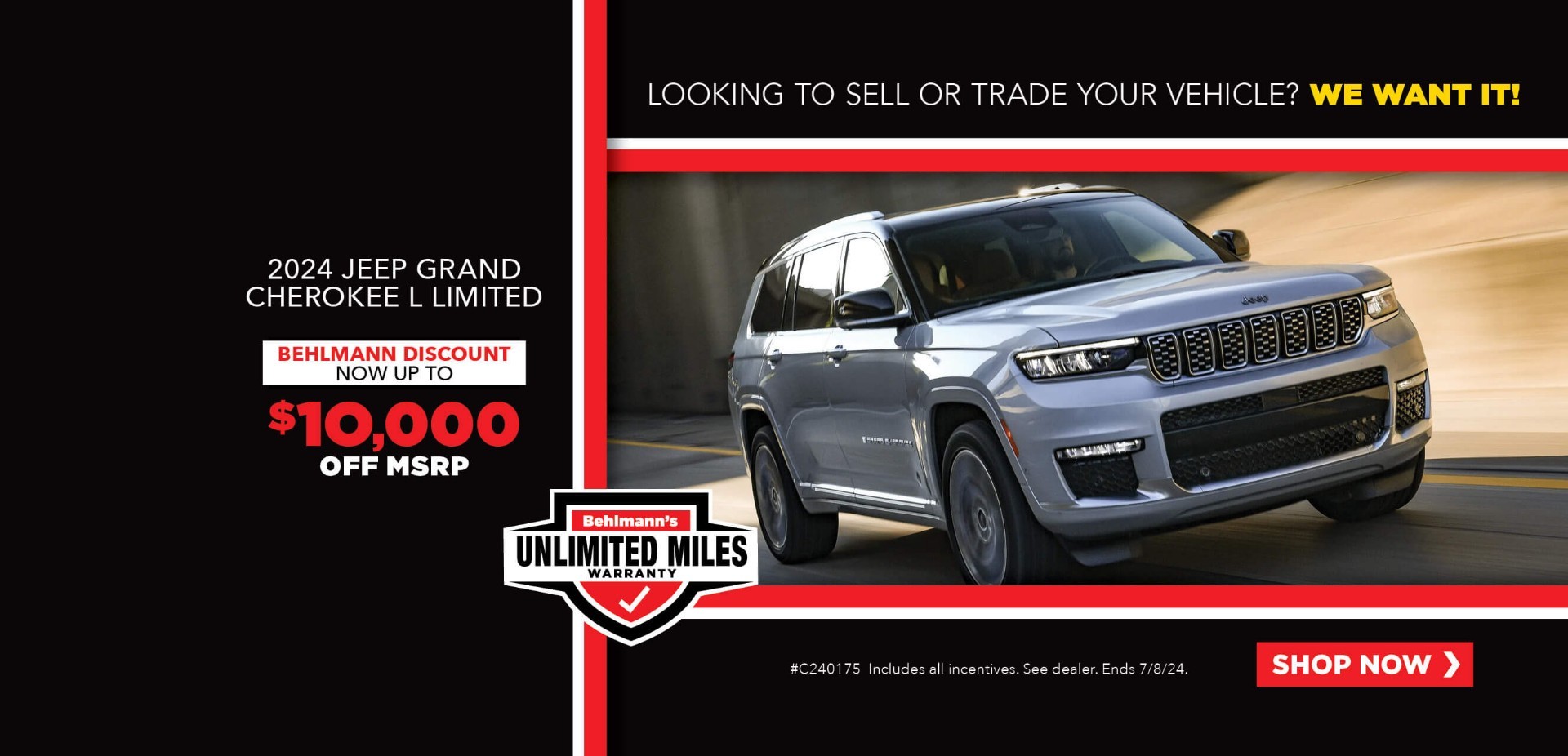 Gray SUV with advertising slogans: Behlmann Discount - Now up to $10,000 off MSRP on 2024 Jeep Grand Cherokee L Limited.