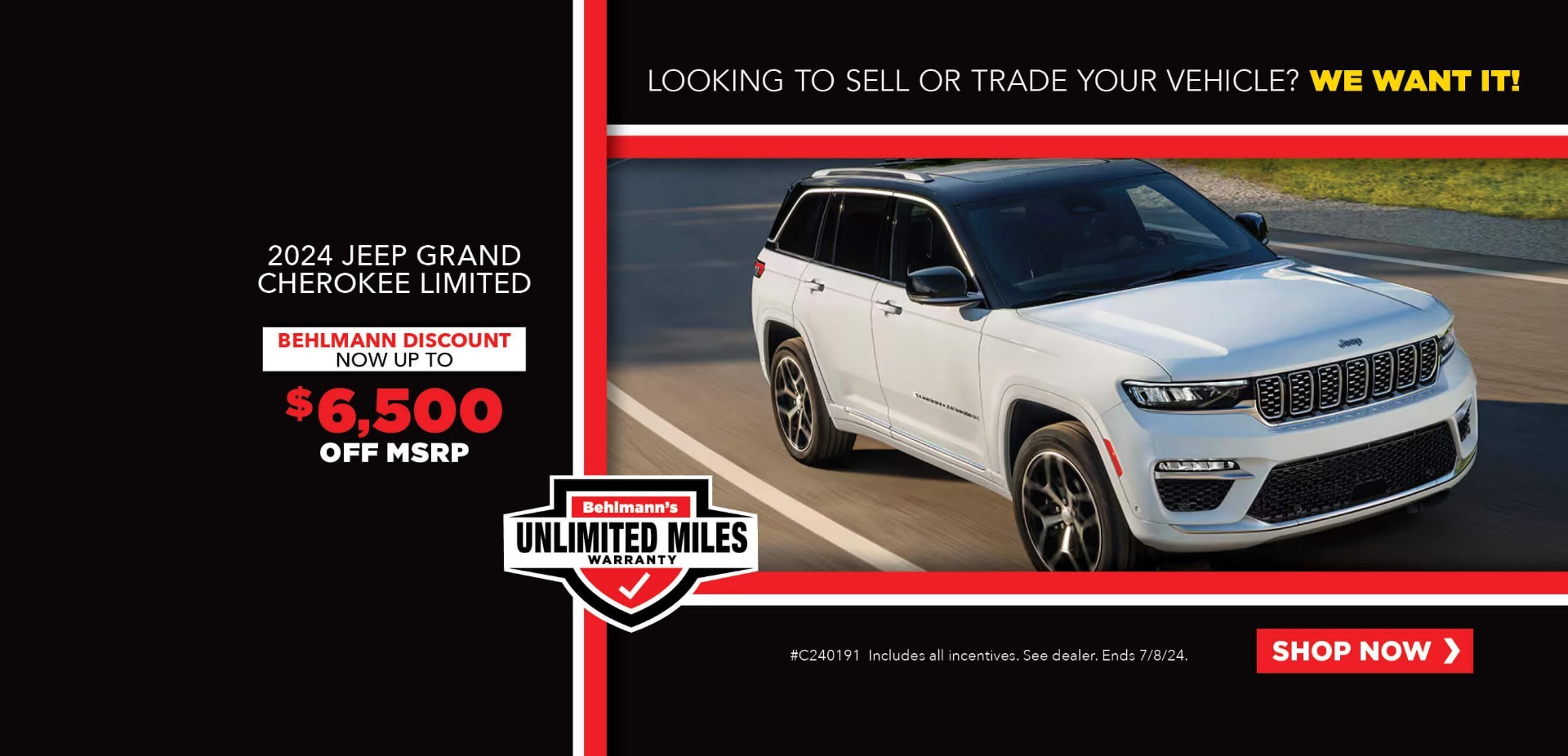 White SUV with advertising slogans: Behlmann Discount - Now up to $6,500 off MSRP on 2024 Jeep Grand Cherokee