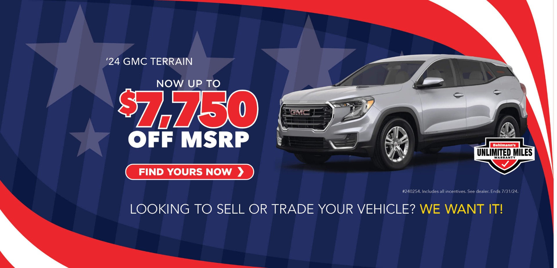 Silver SUV with advertising slogans: Behlmann discount now up to $7,750 off MSRP on 2024 GMC Terrain.