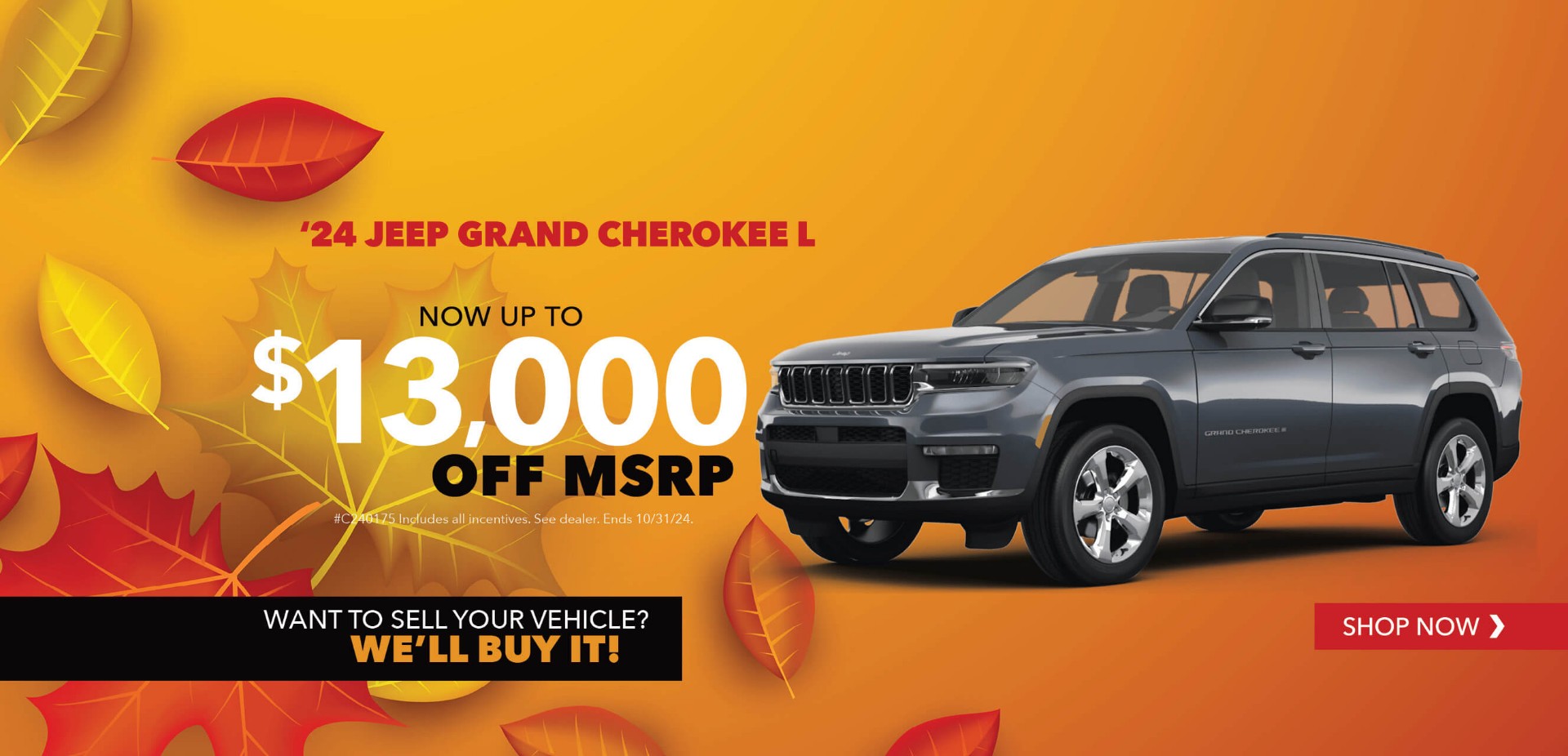 Gray SUV with advertising slogans: Behlmann Discount - Now up to $13,000 off MSRP on 2024 Jeep Grand Cherokee L.