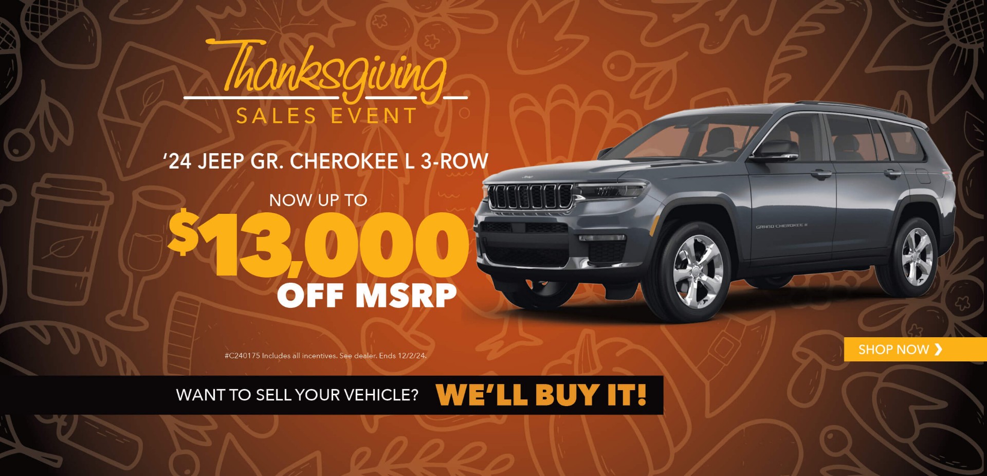 Gray SUV with advertising slogans: Behlmann Discount - Now up to $13,000 off MSRP on 2024 Jeep Grand Cherokee L 3-row.