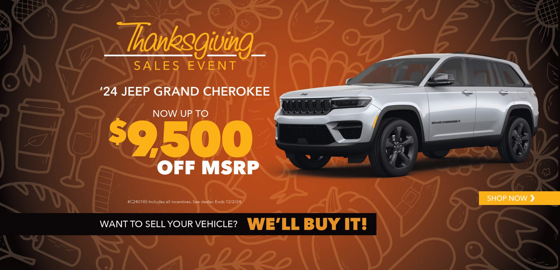 Silver SUV with advertising slogans: Behlmann Discount - Now up to $9,500 off MSRP on 2024 Jeep Grand Cherokee