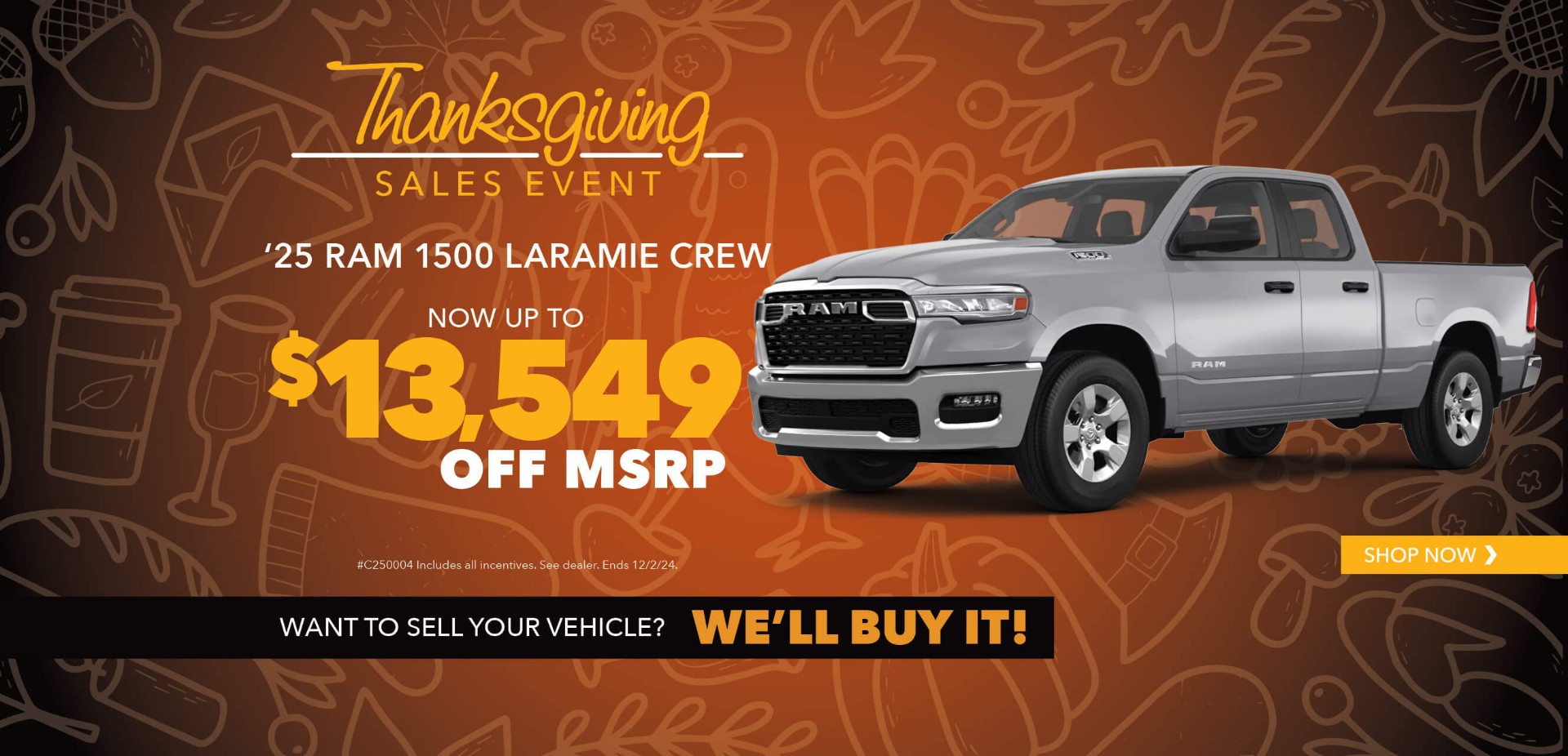 Gray pickup truck with advertising slogans: Behlmann Discount, now up to $13,549 off MSRP on 2025 Ram 1500 Laramie Crew.