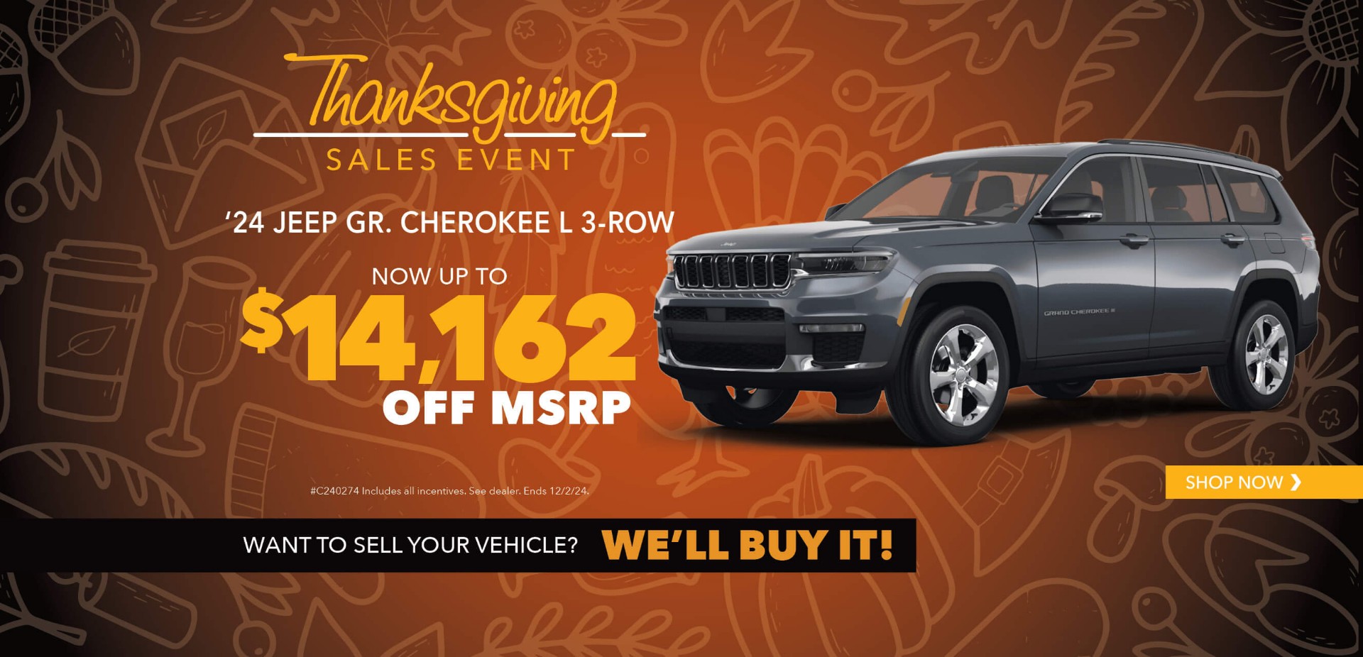 Gray SUV with advertising slogans: Behlmann Discount - Now up to $14,162 off MSRP on 2024 Jeep Grand Cherokee L 3-row.