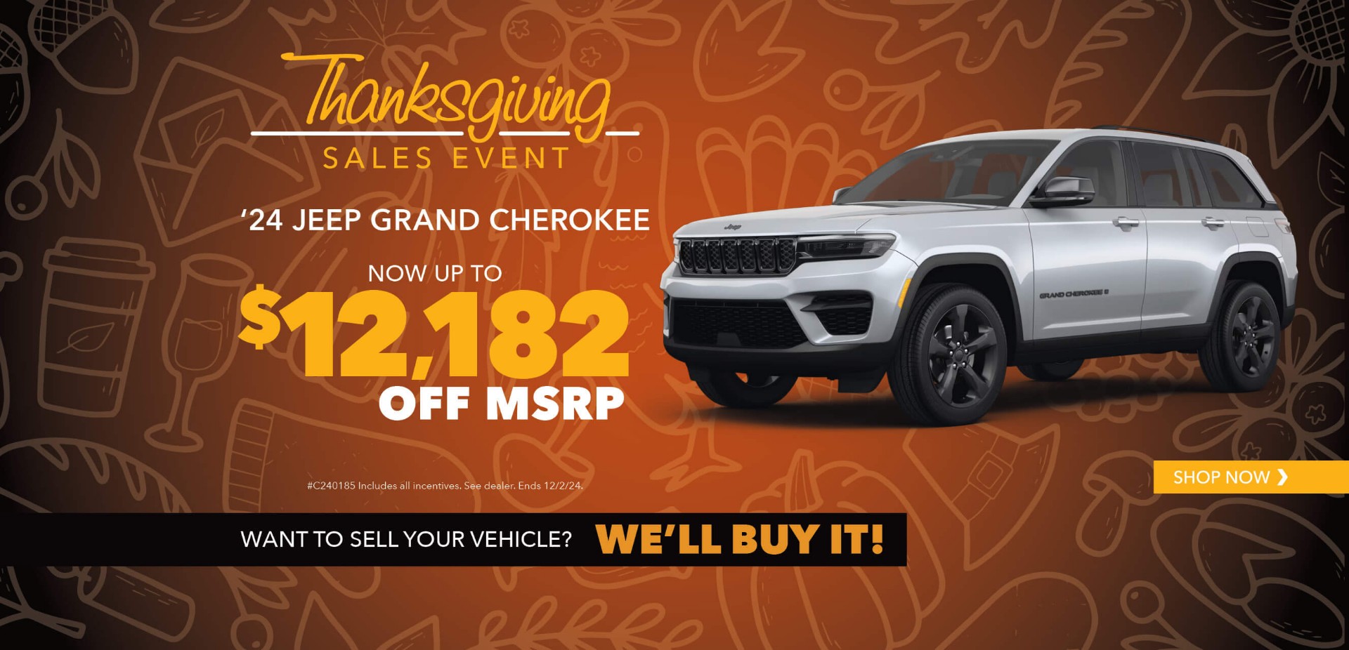 Silver SUV with advertising slogans: Behlmann Discount - Now up to $12,182 off MSRP on 2024 Jeep Grand Cherokee